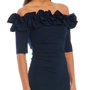 XScape Navy Blue, Ruffled, Off-the-shoulder Crepe Sheath Gown size 22